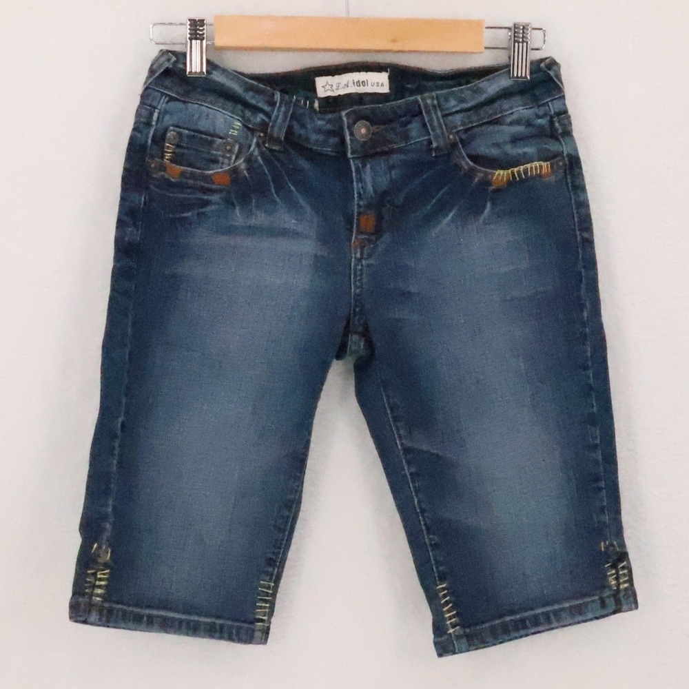 LA Idol USA Y2K Denim Bermuda Shorts Womens Size 3 Jorts Embroidered Indie